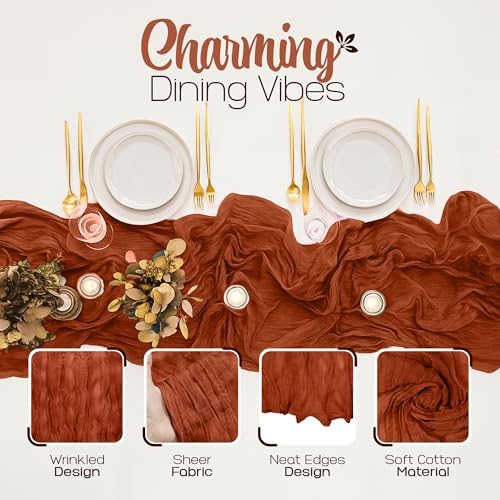 12 Pack Terracotta Cheesecloth Table Runners 10FT Long – 35 x 120 Inch Boho Gauze Table Runners for Engagement, Wedding, Baby Shower & Home Decor – Soft Wrinkled Polyester Fabric - Image 3