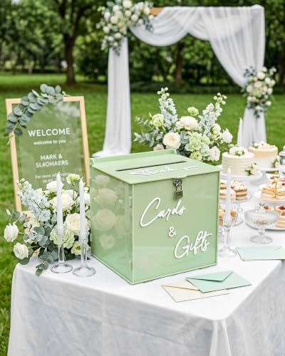 Sage Green Acrylic Wedding Card Box with Lock, 10" Card Holder with Slot - Image 5