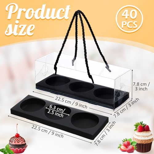 Thenshop 40 Pcs Clear Cupcake Boxes 9x3x3 in 3 Compartment Holder,Black - Image 2