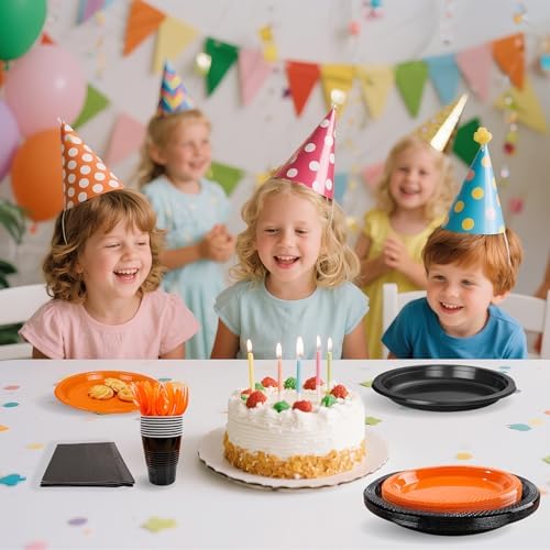 MirthMood 350PCS black and orange Plastic Plates,Black Disposable Plates –Plastic Plates Set Includes 50 Dinner,50 Dessert Plate,50 Cup&50 Napkins, 50 orange Silverware for Parties&Thanksgiving - Image 3