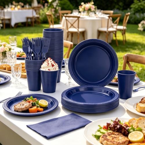 200pcs Blue Plastic Plates Party Supplies, Disposable 9'' Navy Blue Plates and Napkins, Cups & Cutlery Dinnerware Set for Birthday, Wedding, Baby Shower Decorations, Serves 50 Guests - Image 4