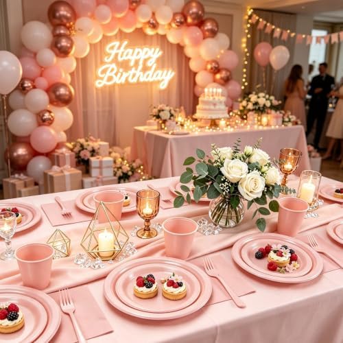 Pink Plastic Party Plates 50 Guest Disposable Pink Dinnerware for Birthday - Image 5