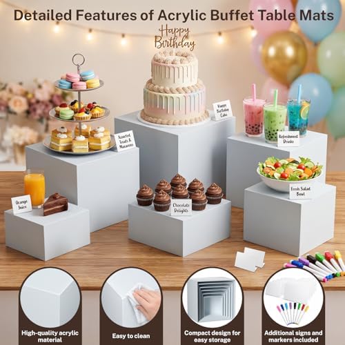 6 Pcs White Buffet Risers with Mini Sign and Marker, Food Risers Display Stands for Buffet Table Party Catering Dessert Jewelry Collectibles,Cube Nesting Boxes with Hollow Bottoms 6 Sizes (10" 9" 8" 7" 6" 5") - Image 3
