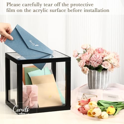Menkxi Clear Wedding Card Box with Slot 10 x 10 x 8.5 Large Acrylic Card Box for Party Wooden Envelope Holder with Sign for Wedding Quinceanera Birthday Baby Shower Decorations(Black,Wood) - Image 5