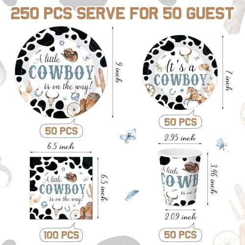 Pickmesh 250 Pcs Cowboy Baby Shower a Little Cowboy Is on the Way Party Decorations Wild Western Theme Disposable Plates Napkins Cups for Baby Shower Party Supplies Serve 50 - Image 3