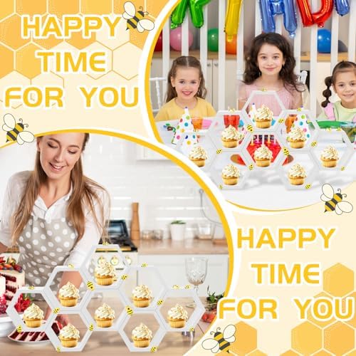 Denylo pro 8 Pcs 4.13 Inch White Cupcake Stand Hexagon Cake Farmhouse Wood Cupcake Stand with Small Bee for Baby Shower Birthday Party Table Decorations - Image 5