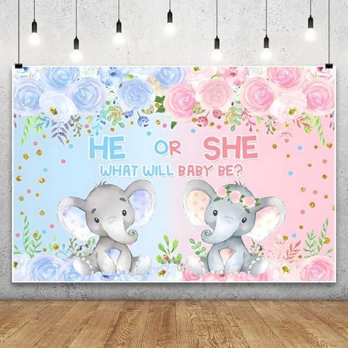 12x6ft Elephant Gender Reveal Backdrop He or She What Will Baby Be Photo Background Watercolor Floral Blue or Pink Boy or Girl Newborn Gender Reveal Baby Shower Birthday Party Decorations Supplies - Image 4