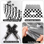 ForraFun 12 Pcs Checkered Baskets for Gifts Empty with Plastic Bag Ribbon Bow 8x10'' Black and White Cardboard Gift Wrapping Basket with Handle for Racing Themed Party Decorations Birthday Supplies - Image 3