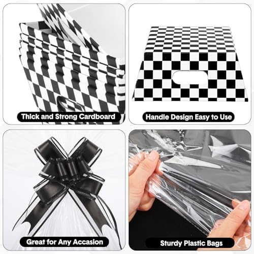 ForraFun 12 Pcs Checkered Baskets for Gifts Empty with Plastic Bag Ribbon Bow 8x10'' Black and White Cardboard Gift Wrapping Basket with Handle for Racing Themed Party Decorations Birthday Supplies - Image 3