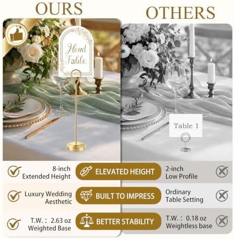 Radezon 21 PCS Gold Table Number Holders With Table Numbers 1-20 & Head Table Card, 8" Weighted Base Place Card Holders for Outdoor Wedding, Windproof Sturdy Metal Photo Stands for Reception Tables - Image 3