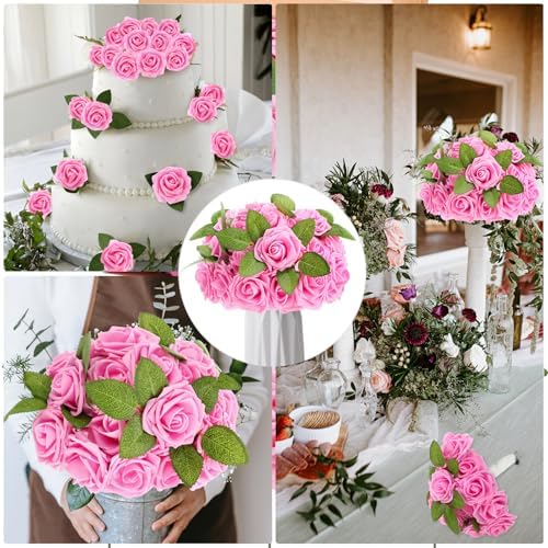 100 Pcs Artificial Rose Flowers, Bright Pink - Image 6