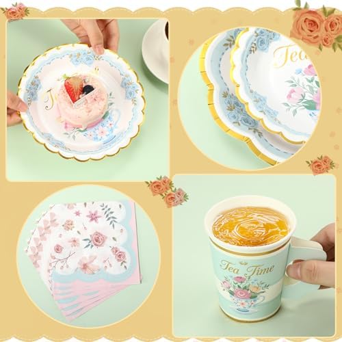 Yungyan 193 Pcs 48 Set Floral Tea Party Supplies, Tea Party Plates and Napkins Set with Tablecloth, Disposable Handle Teacups and Saucers for Birthday Wedding Bridal Shower Decorations (Elegant Style) - Image 4