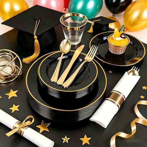 SUT 175 Pcs Black and Gold Plastic Dinnerware Set for 25 Guests, Include: 25 Dinner Plates, 25 Dessert Plates, 25 Pre Rolled Napkins With Silverware, 25 Cups, Disposable Plates for Party - Image 3