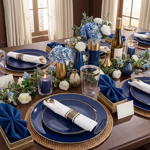KIRE 350Pcs Blue and Gold Plates -Heavy Duty Navy Blue Dinnerware Set - 100 Plastic Plates 50 Pre Rolled Napkins with Gold Plastic Silverware 50 Cups for Party/Wedding/Birthday - Image 3