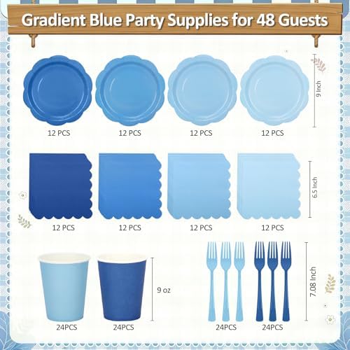 192Pcs Blue Paper Plates and Napkins, 9 Inch Light blue Party Plates Disposable Gradient Blue Party Supplies Decorations for Birthday, Baby Shower, Wedding, Servers 48 Guests - Image 2