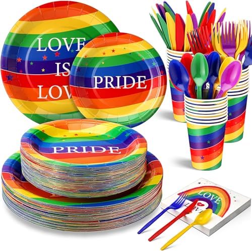 FillTouch 350 Pcs Rainbow Gay Pride Month Lgbtq Party Supplies Set Rainbow Disposable Paper Plates Love Napkins Cups Knives Forks Spoons for 50 Guests Gay Pride Party Parade Club Festival Events by FillTouch