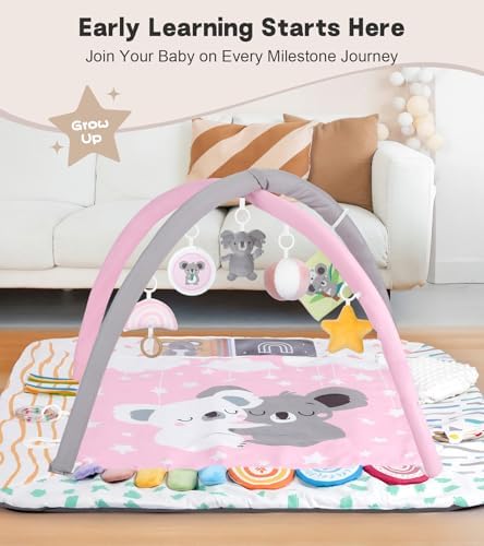 Baby Play Mat Activity Gym, 6 Developmental Zones Tummy Time Mat, 6 Detachable Sensory Toys and Educational Cards, Essential Baby Shower Set, Pink Koala - Image 2