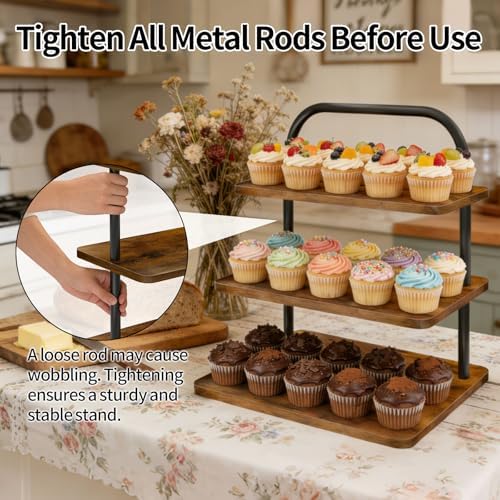 Cupcake Stand for 50 Cupcakes, 2 PACK 3 Tier Wooden Metal Cupcake Stand Reusable Cupcake Display Stand Tiered Tray Stand Dessert Table Display Set Serving Trays for Party Rustic Farmhouse Vendor - Image 6
