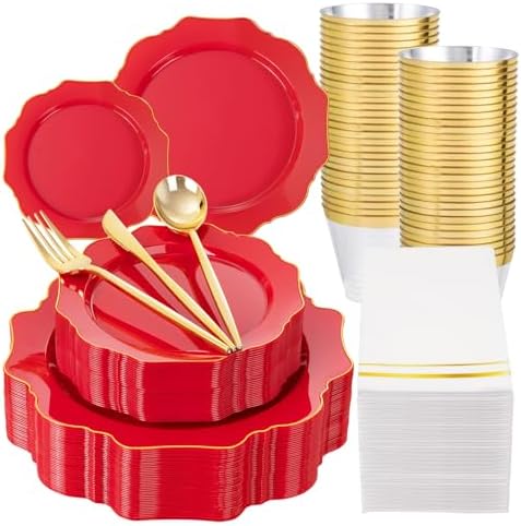 WDF 175Pcs Red Plates - Red Plastic Plates with Gold Rim - Fancy Disposable Dinnerware Sets Ideal for Party/Wedding by WDF