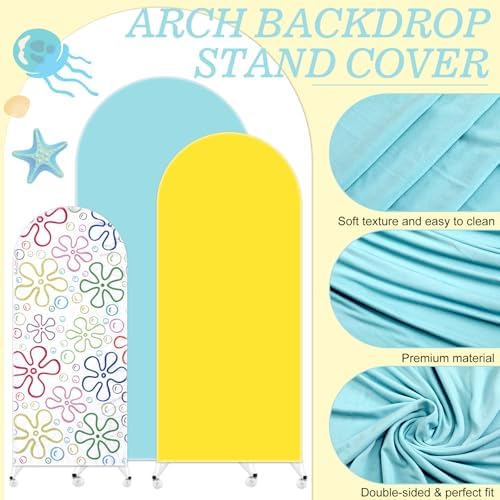 JarThenaAMCS 3 Pcs Cartoon Sponge Birthday Party Decorations Yellow Blue Arch Cover Colorful Bikini Floral Backdrop Photography Background for Birthday Baby Shower Photo Booth Props(4ft/5ft/6ft) - Image 3
