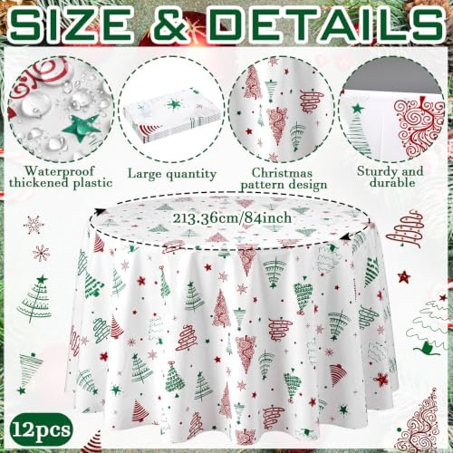 Ganeen 12 Pcs Christmas Tree Tablecloth Round Red Green Round Plastic 84 in - Image 3