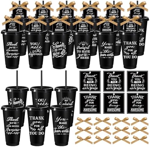 Honeydak 24 Sets Employee Appreciation Gifts Thank You Cups with Lid and Straw 24oz Inspirational Plastic Tumbler Cup Staff Team Reusable Cups Bulk Appreciation Gift for Coworker Party Supplies by Honeydak