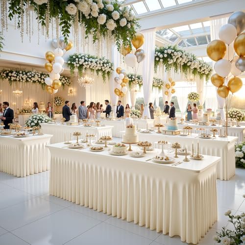6 Pack Ivory Spandex Tablecloths for Rectangle Tables 6 Foot Ivory Stretch Table Cloth Rectangle 6ft Elastic Fitted Table Cover with Skirt for Wedding Birthday Party Banquet Baby Shower Buffet Event - Image 5