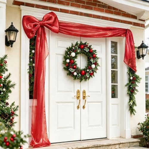 Giant Red Bow Decor, Christmas Tree Topper Bow, Oversized Hanging Bow with Long Streamers, Large Bow for Entrance Wall Backdrop Wedding Birthday Bridal Shower Home Decor Coquette Room Decor, 16 x 85in - Image 7