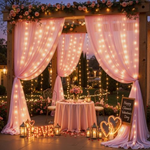 20ft x 10ft Baby Pink Chiffon Backdrop Curtain with Lights String for Parties,4 Panels Sheer Tulle Curtain Wedding Backdrop for Baby Shower Birthday Party Ceremony Reception Home Decorations - Image 3