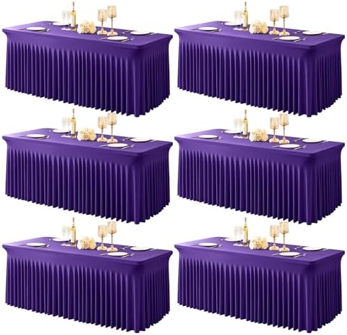 6 Packs Purple Table Clothes for 8 Foot Rectangle Tables, One-Piece Wrinkle Resistant Stretch Spandex Table Covers with Skirt for Event Banquet Wedding Birthday Party by PartyTalk