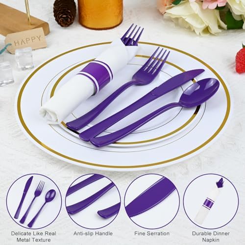 100 Pack Pre Rolled Purple Plastic Silverware with Napkins - Image 4