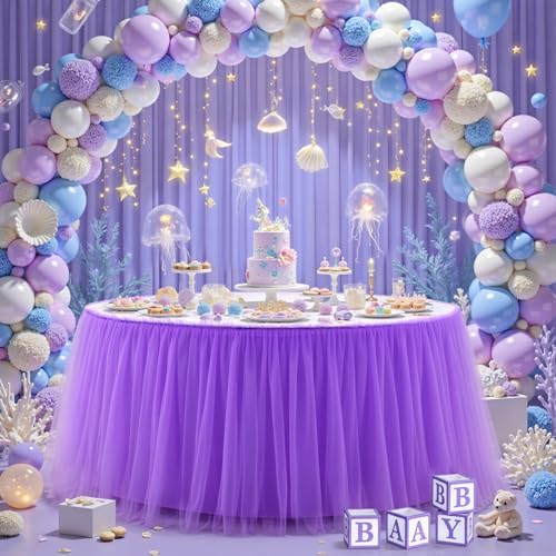 PARTISKY 17FT Length Purple Tulle Table Skirt for Rectangle Tables 2-Layer Ruffle Tulle Tutu Cloth Desk Table Skirt for Baby Shower Girl Birthday Party Wedding Cake Dessert Decorations - Image 6