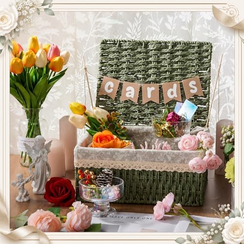 Gerrii Wedding Party Decoration 12 x 9.4 x 5.3 in Large Wicker Storage Basket with Lid Wedding Card Box and Card Banner Set Money Envelope Box Gift for Baby Shower Favor Supplies(Sage Green) - Image 5