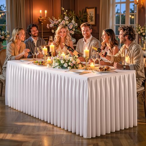 White Polyester Table Cloths for Rectangle 6 Foot Tables, 1 Pack Wrinkle Free Tablecloths Stretchy Banquet Ruffle Fitted Table Cover Desk Skirt for Parties Wedding Birthday Baby Shower - Image 7