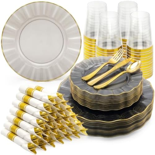 Glowserve 350 PCS Scalloped Plastic Plates Dinnerware Set for 50 guests by glowserve