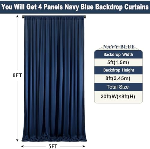 20ft×8ft Wrinkle Free Navy Blue Backdrop Curtains for Parties, 4 Panels 5ft×8ft Thick Silky Polyester Navy Photo Backdrop Drapes for Graduation Party Baby Shower Birthday Wedding Photography - Image 5