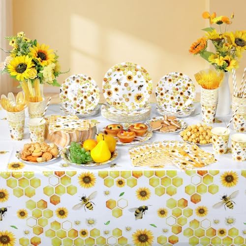 LemonRoad 452 Pcs 50 Guests Bee Paper Plates Cups Napkins Party Supplies Tablecloth Cutlery Straws Disposable Tableware Set for What Will Baby Bee Gender Reveal First Birthday Bridal Shower Decoration - Image 4