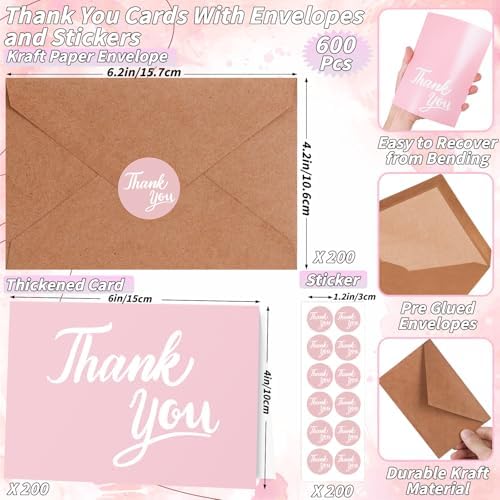 600 Pcs Pink Thank You Cards Bulk with Kraft Envelopes and Stickers 4x6 Inch Blank Thank You Notes Box Set Minimalistic Design for Business Wedding Baby Shower Graduation Bridal Shower Christmas - Image 2