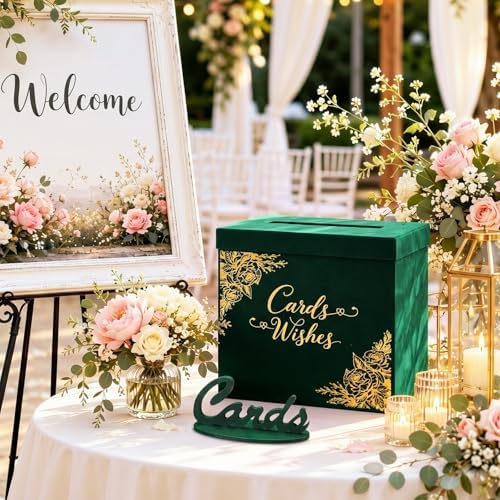 Colarr Velvet Wedding Card Box with Wooden Cards Sign Set, Emerald Green - Image 4