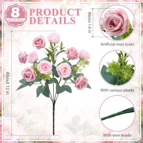 Zeyune 8 Pack 12 Inch Artificial Rose Bouquet, Paste Pink and Light Pink - Image 2