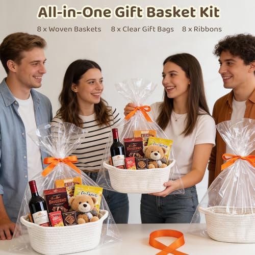 8 Pack Small Woven Baskets for Gifts Empty, 12"x8"x5" Cotton Rope Storage Baskets with Handles, Gift Basket Kit with Bags & Ribbons for Baby Shower, Nursery, Christmas, Easter, Bulk White - Image 3