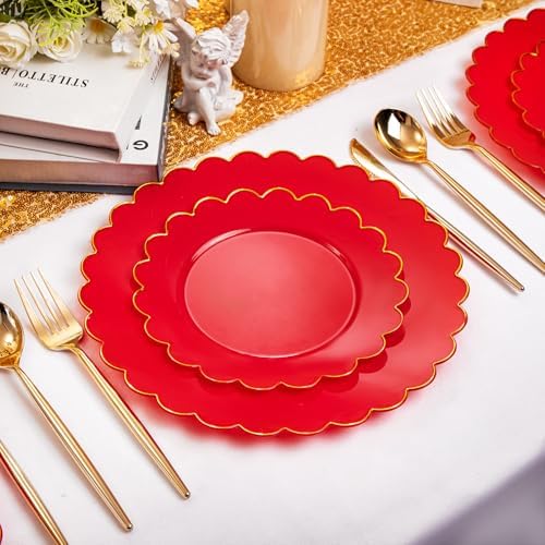 LIYH 60 Pcs Red Plastic Plates Disposable with Gold Edge Scalloped Red Gold Disposable Plates Includes 30 Dessert & 30 Dinner Plate Dishes Tableware for Party - Image 2