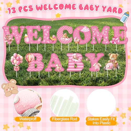 Chumia 13 Pcs Welcome Baby Yard Signs Baby Shower Yard Sign with Stakes, 15 Inch Tall Girl Boy Lawn Sign Gender Reveal Outdoor Decoration Welcome Newborn Announcement for Party Decorations(Pink) - Image 3