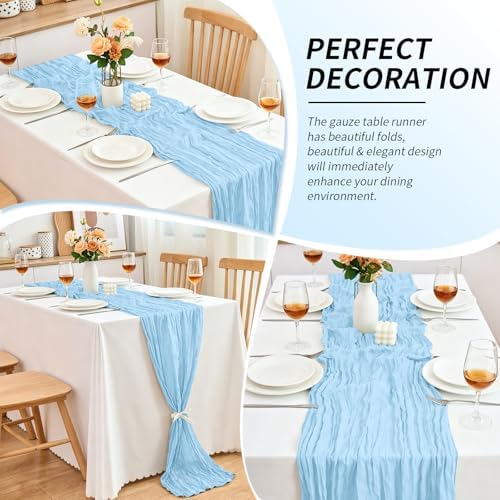 20 Pack Light Blue Cheesecloth Table Runner, 17x108 Inch Semi Sheer Boho Gauze Cheese Cloth Fabric Table Runners for Wedding Party Baby Shower Birthday Garden Farmhouse Table Decor - Image 7