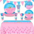 Hushee 291 Pcs Gender Reveal Party Supplies Boy or Girl Disposable Tableware Set for 36, Flatware Paper Plates Napkin Cups Straws Pink Blue Pennant Banner Plastic Tablecloth for Baby Shower Decoration by Hushee