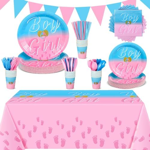 Hushee 291 Pcs Gender Reveal Party Supplies Boy or Girl Disposable Tableware Set for 36, Flatware Paper Plates Napkin Cups Straws Pink Blue Pennant Banner Plastic Tablecloth for Baby Shower Decoration by Hushee