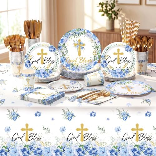 LemonRoad 452 Pcs God Bless Baptism Party Decoration Boy for 50, Baptism Confirmation Paper Plate Napkin Cup Tablecloth Cutlery Straw Tableware for Christening Baby Shower Party Supply - Image 4
