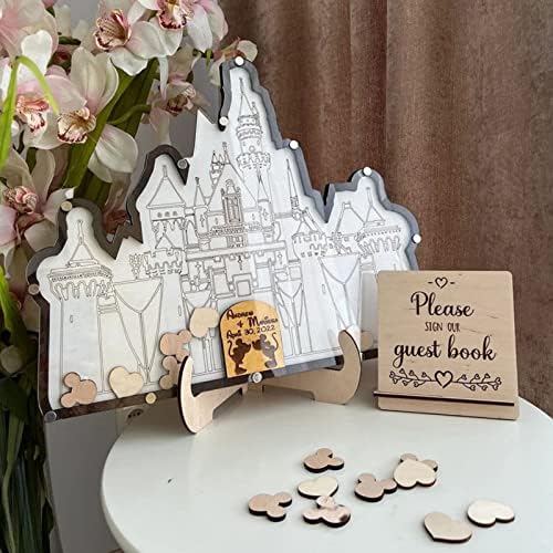 Personalized Wedding Wooden Guest Book: Creative Acrylic Custom Name Alternative Inserts Box DIY Custom Rustic Wedding Heart Drop Guest Book for Graduation Anniversary Wedding Decor (Castle) - Image 4