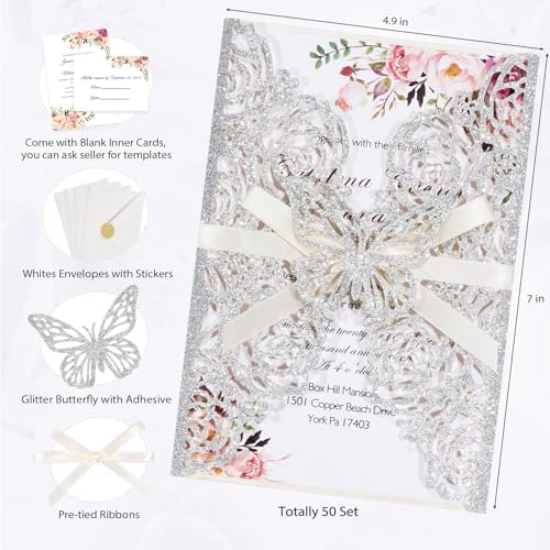 Silver Glitter Butterfly Laser Cut Wedding Invitation Accessories 50pcs - Image 2