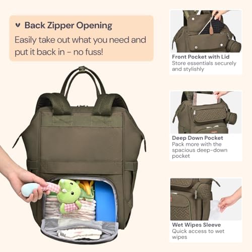 BabbleRoo Diaper Bag Backpack, Multifunction Nappy Changing Bag with Changing Pad, Stroller Straps & Pacifier Case, Unisex Stylish Travel Back Pack for Moms & Dads - Army Green - Image 5